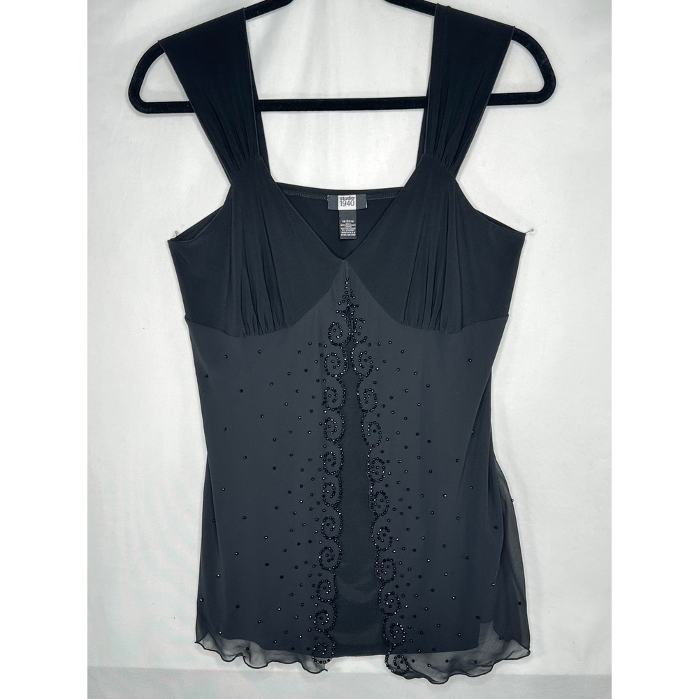 Studio 1940 Black Beaded Chiffon Overlay Tank Top V-Neck Plus Size 18/20W T9281X